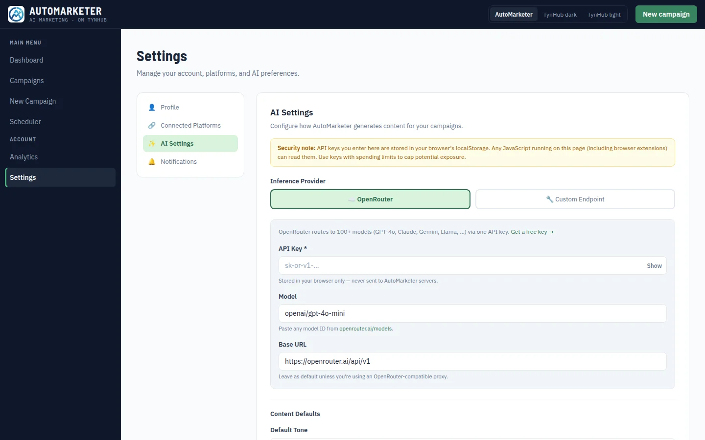 Settings, AI Settings: provider choice between OpenRouter and a custom endpoint, model, and generation preferences