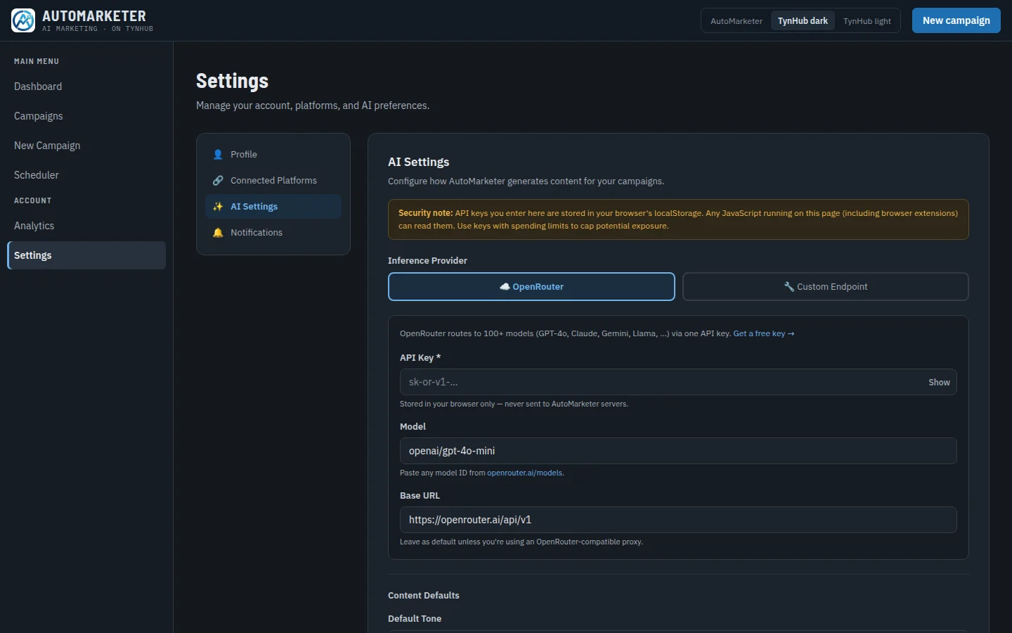 Settings, AI Settings: provider choice between OpenRouter and a custom endpoint, model, and generation preferences
