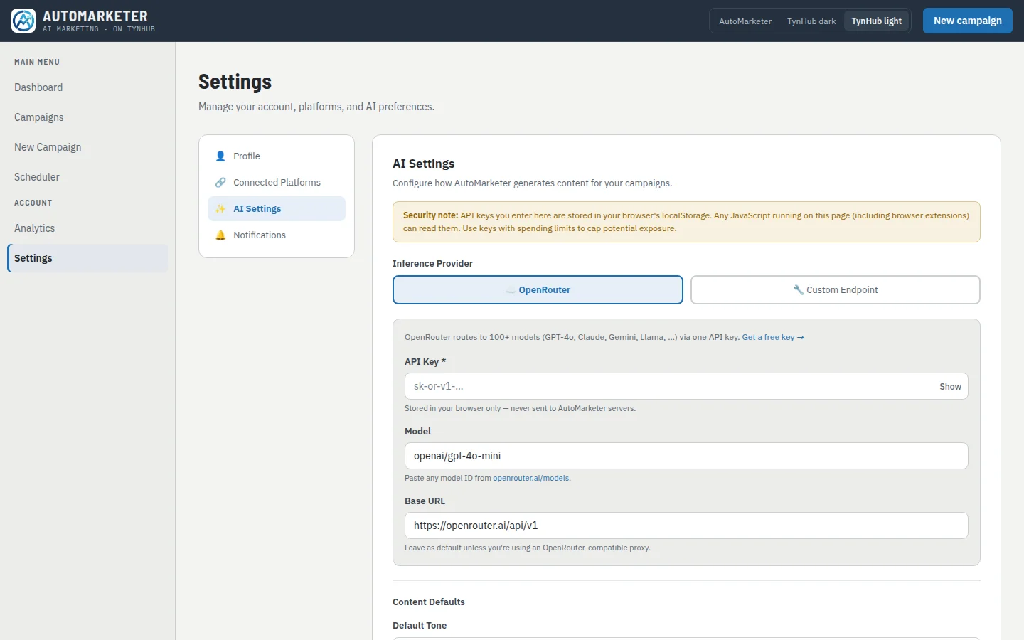 Settings, AI Settings: provider choice between OpenRouter and a custom endpoint, model, and generation preferences