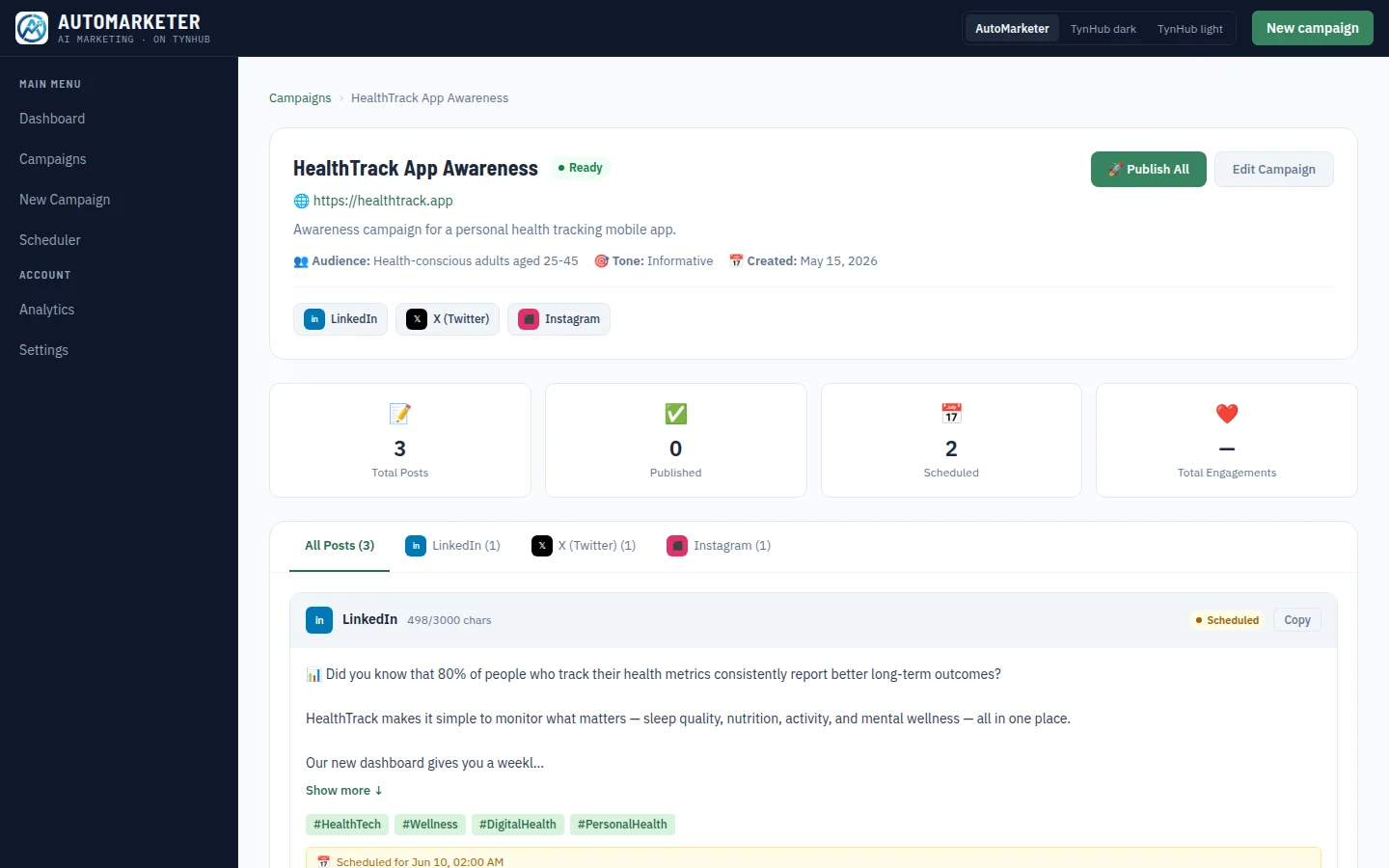 A campaign page with a Publish All button, its platforms, post counts and each post with its status