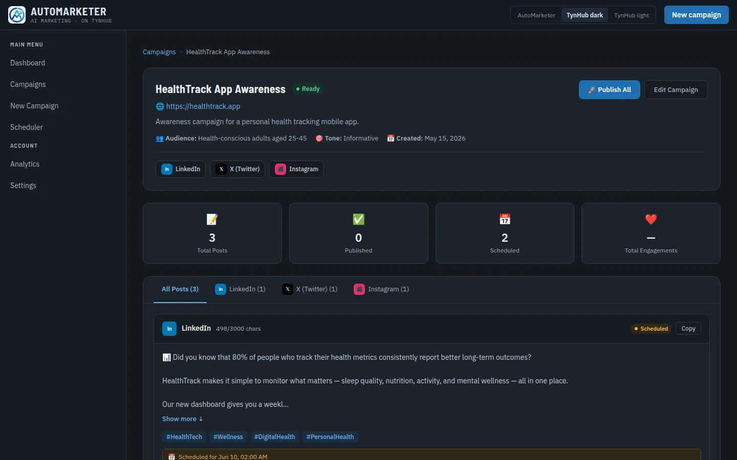 A campaign page with a Publish All button, its platforms, post counts and each post with its status