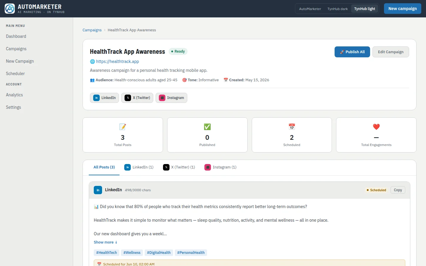 A campaign page with a Publish All button, its platforms, post counts and each post with its status