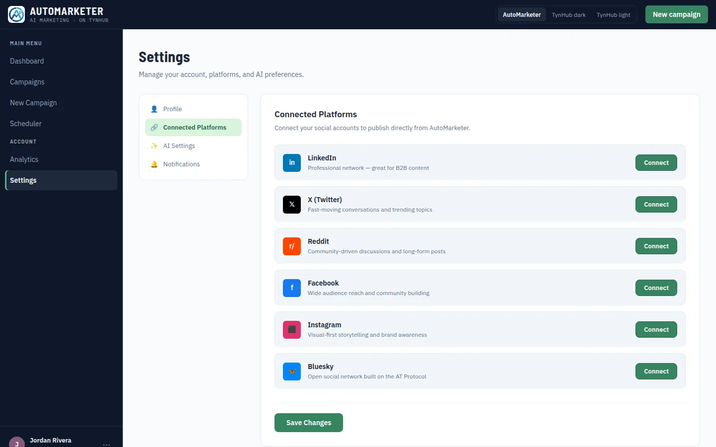 Settings, Connected Platforms: LinkedIn, X, Reddit, Facebook, Instagram and Bluesky with Connect buttons
