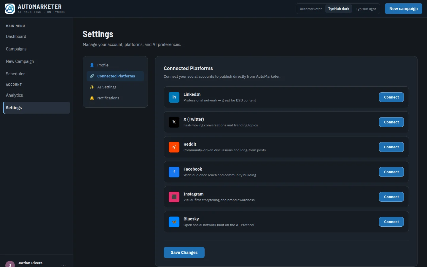 Settings, Connected Platforms: LinkedIn, X, Reddit, Facebook, Instagram and Bluesky with Connect buttons