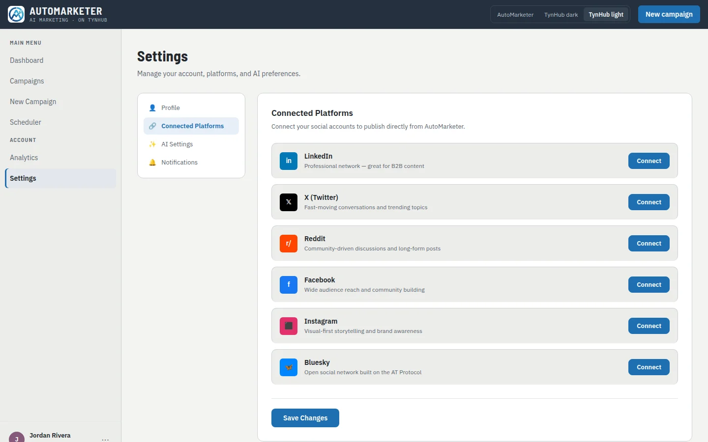 Settings, Connected Platforms: LinkedIn, X, Reddit, Facebook, Instagram and Bluesky with Connect buttons