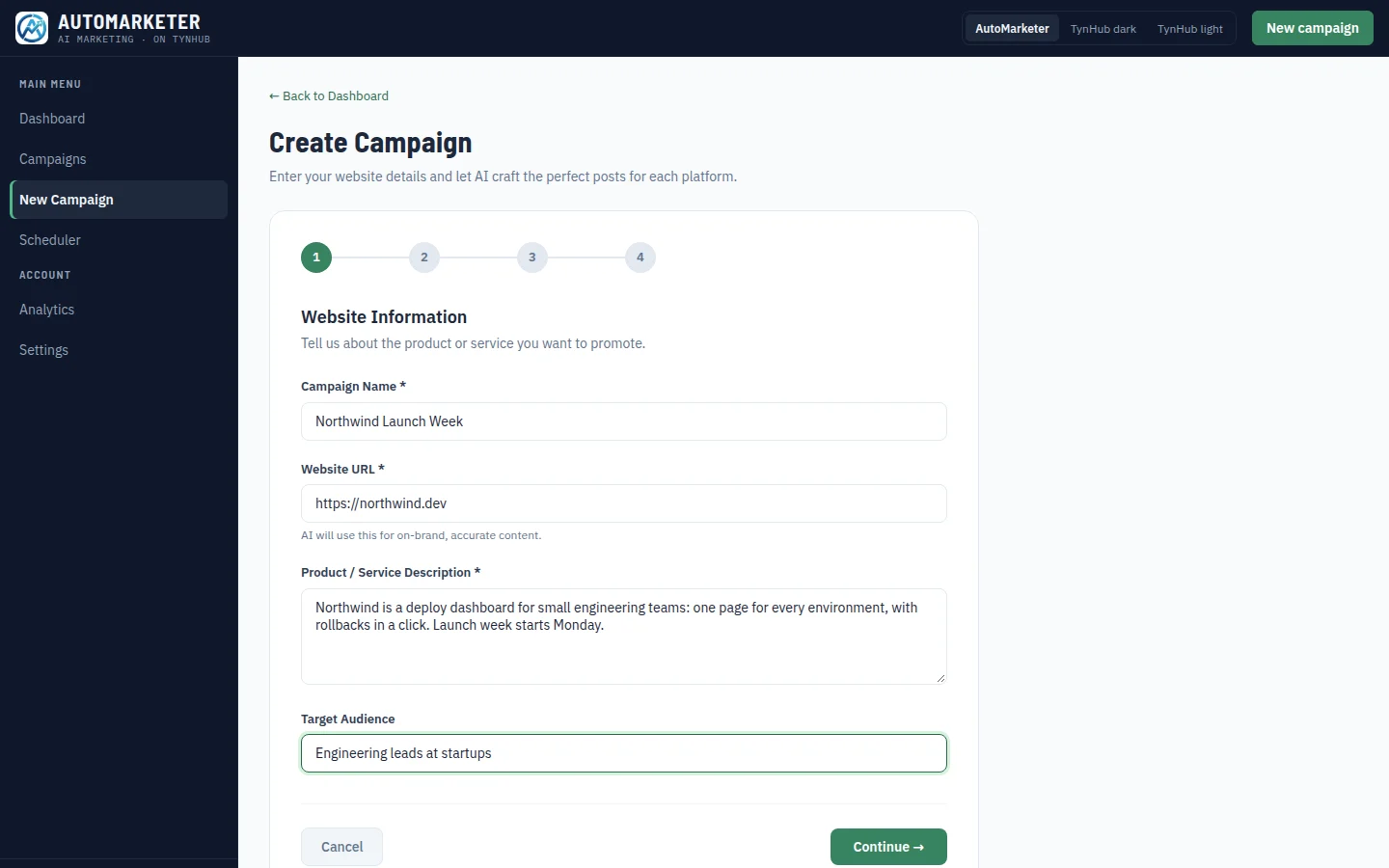 New Campaign wizard, step 1: campaign name, website URL and description