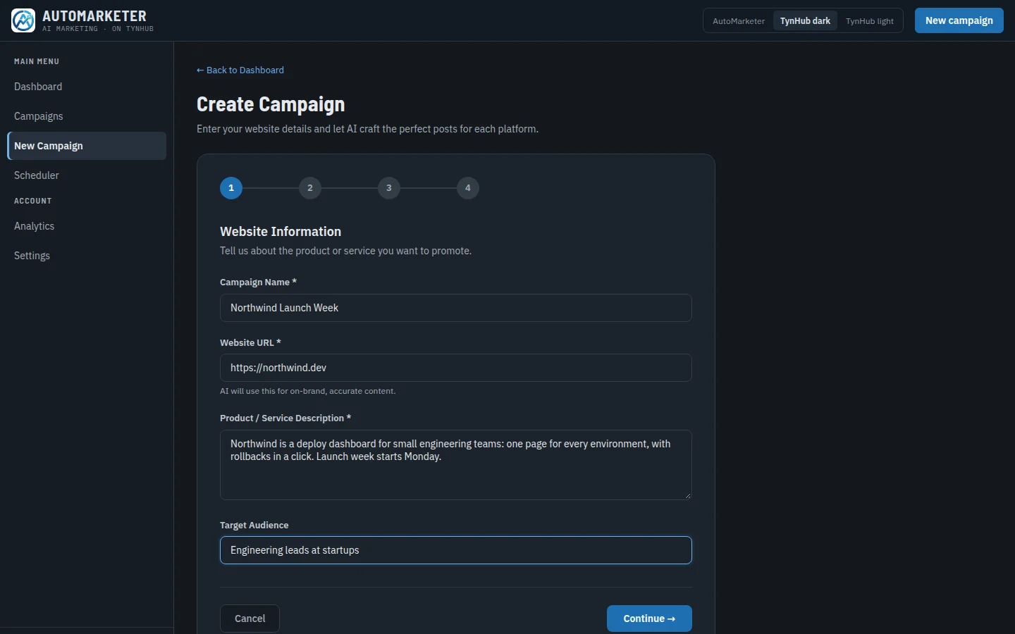 New Campaign wizard, step 1: campaign name, website URL and description