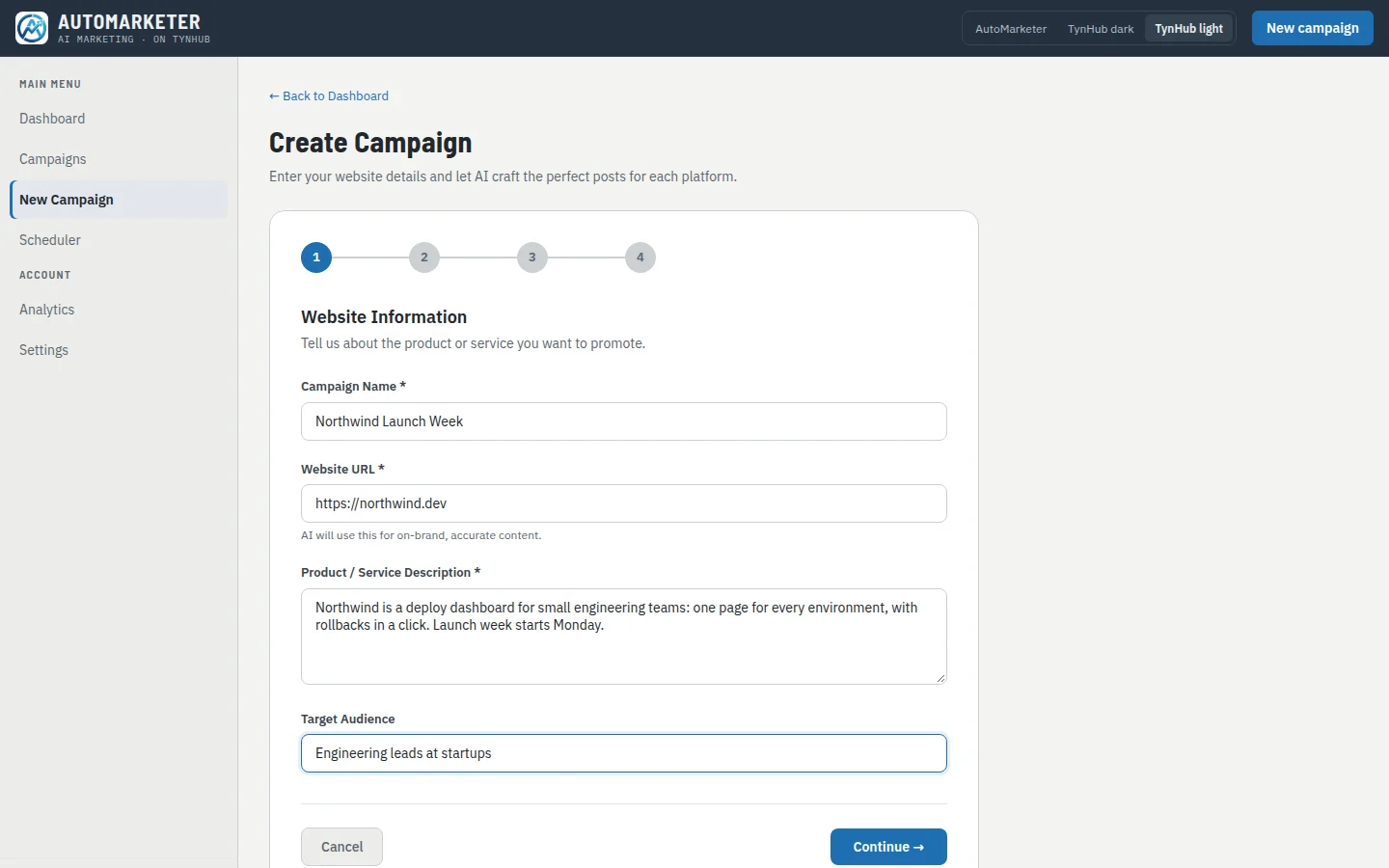 New Campaign wizard, step 1: campaign name, website URL and description