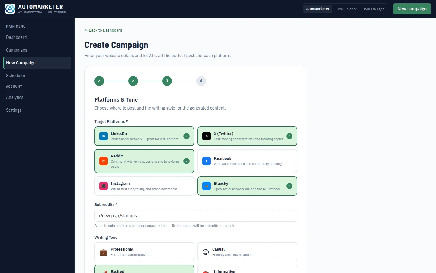 New Campaign wizard, step 3: platform cards and tone choices