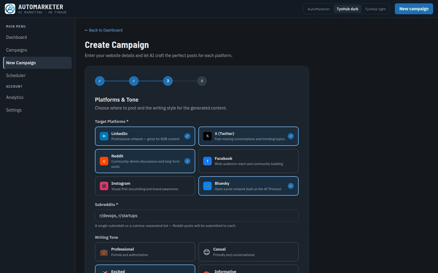 New Campaign wizard, step 3: platform cards and tone choices