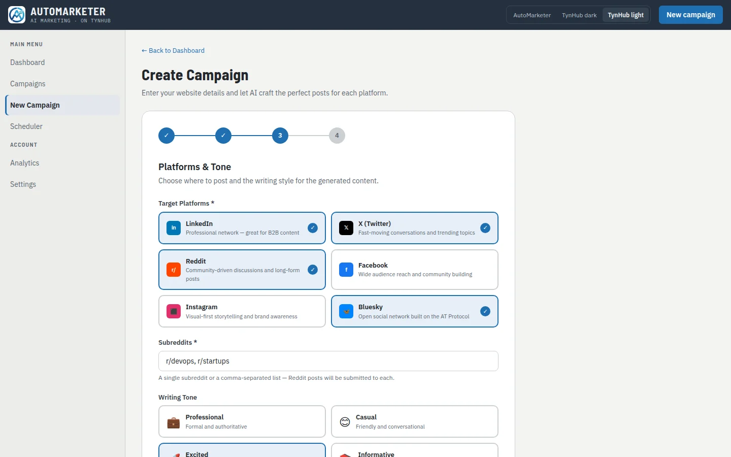 New Campaign wizard, step 3: platform cards and tone choices