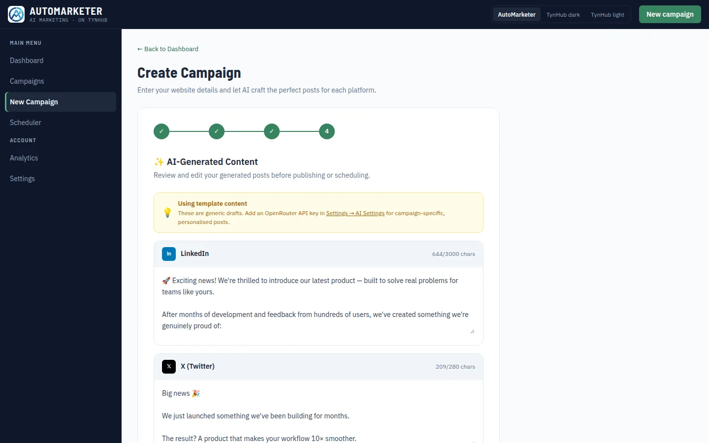 New Campaign wizard, step 4: a generated post for each selected platform with character counts