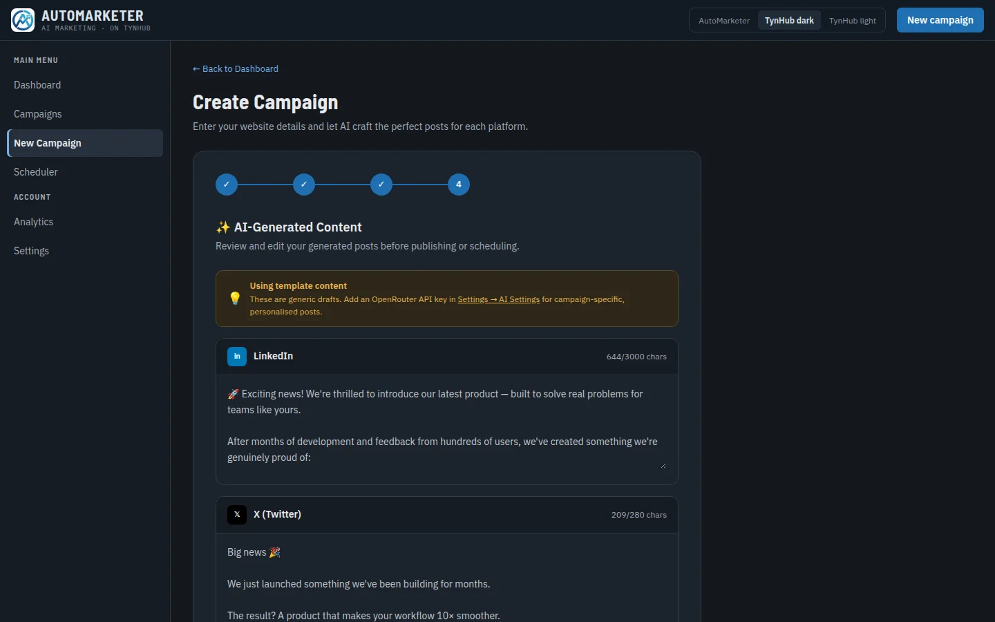 New Campaign wizard, step 4: a generated post for each selected platform with character counts