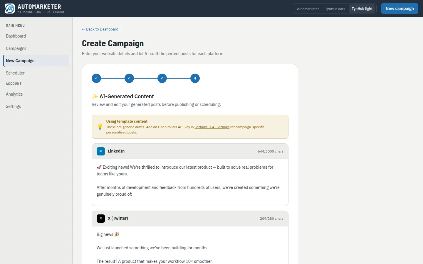 New Campaign wizard, step 4: a generated post for each selected platform with character counts